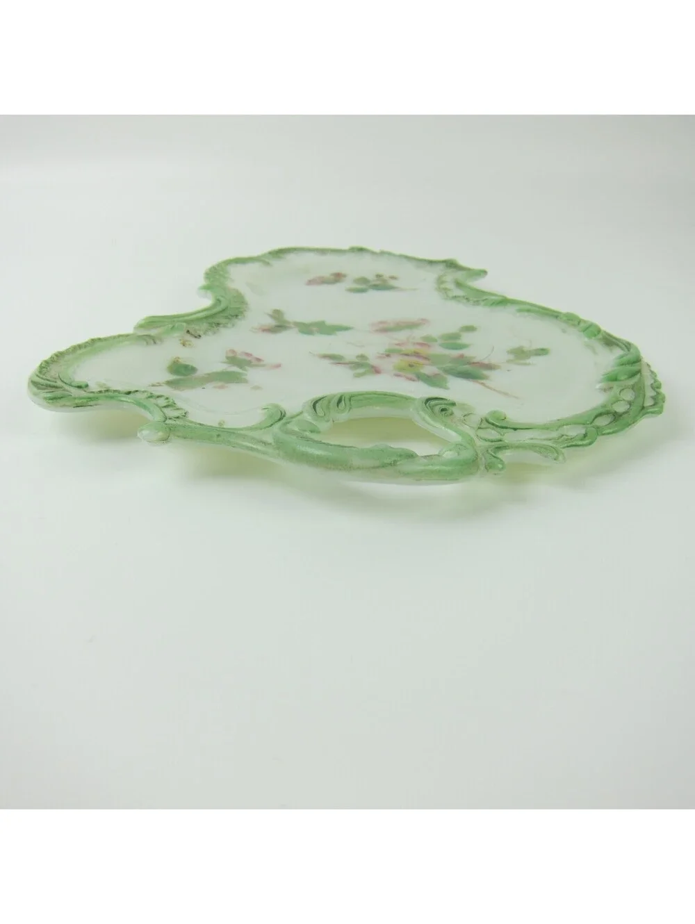 Vintage Milk Glass Vanity Tray / Candy Dish Green & Pink Flowers Open Handle